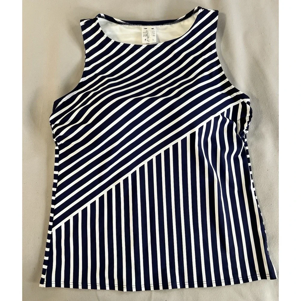 Lands End 14D Swimsuit‎ Tankini Tank Top Navy Blue Stripe High Neck UPF50 NWOT
